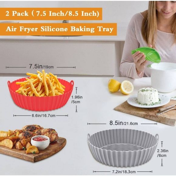 Air Fryer Reusable Liners Silicone 2-Pack 7.5 Inch Red & 8.5 Inch Gray - Picture 4 of 6